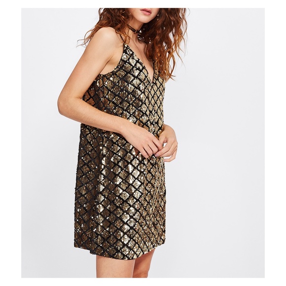 Gold Black V Neck Spaghetti Straps Cami Slip Dress - Picture 5 of 6